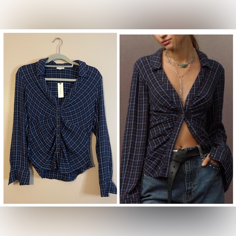 Pilcro Anthropologie NWT Navy Plaid Ruched Fitted Button Up Size XS Women’s